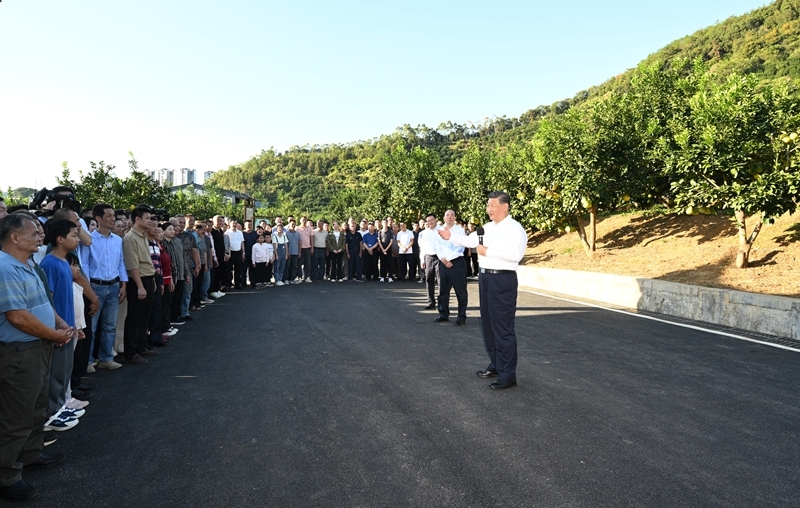 11月7日至8日,中共中央总书记、国家主席、中央军委主席习近平在广东考察。这是7日下午,习近平在梅州市梅县区雁洋镇南福金柚种植基地考察时,同村民们亲切交流。图片来源:新华网 11月7日至8日,中共中央总书记、国家主席、中央军委主席习近平在广东考察。这是7日下午,习近平在梅州市梅县区雁洋镇南福金柚种植基地考察时,同村民们亲切交流。图片来源:新华网
