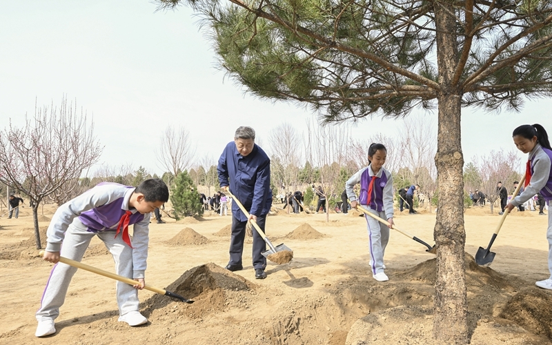 3月30日，党和国家领导人习近平、李强、赵乐际、王沪宁、蔡奇、丁薛祥、李希等来到北京市昌平区百善镇参加首都义务植树活动。这是习近平同大家一起植树。图片来源：新华网