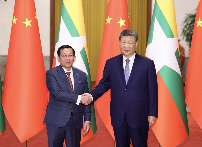 6月16日上午，国家主席习近平在北京人民大会堂同来华进行国事访问的缅甸总统敏昂莱举行会谈。图片来源：新华网