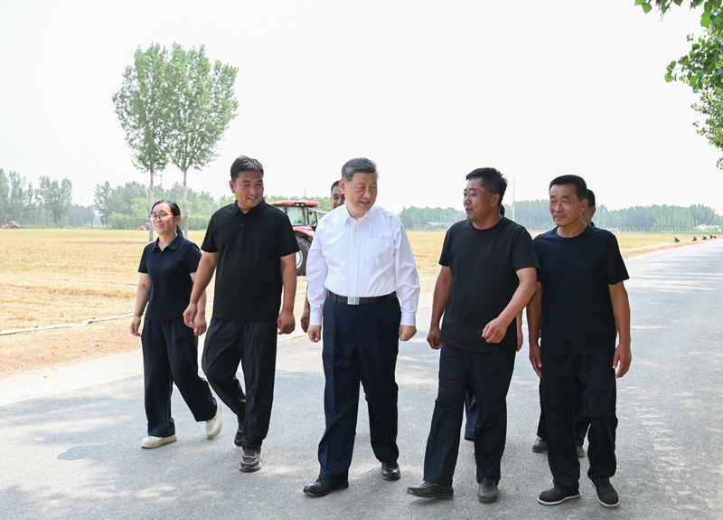 6月24日，中共中央总书记、国家主席、中央军委主席习近平在山东省德州市考察。这是习近平在陵城区边临镇东于架村同种粮大户、农机手、农技人员亲切交流。图片来源：新华网