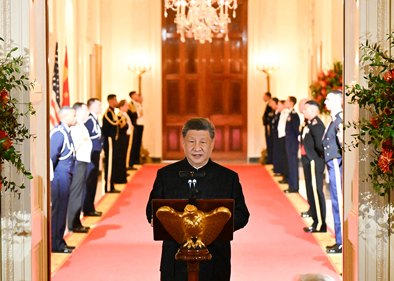 当地时间9月24日晚，美国总统特朗普和夫人梅拉尼娅为中国国家主席习近平和夫人彭丽媛在白宫举行欢迎国宴。这是习近平致辞。图片来源：新华网